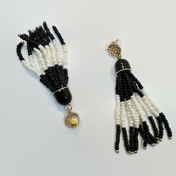 Tassel Earrings, Black, White, Gold, Vintage, Pierced, 2 3/4" Long, Dangle - Picture 3 of 4